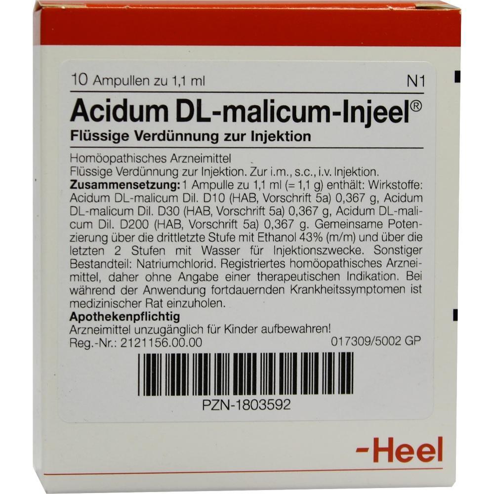 Schachtel mit 10 Ampullen f&uuml;r hom&ouml;opathische Injektionen, Name: Acidum DL-malicum-Injeel.