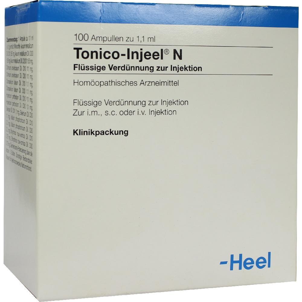 Eine wei&szlig;e Schachtel mit der Aufschrift "Tonico-Injeel N" f&uuml;r Injektionen.