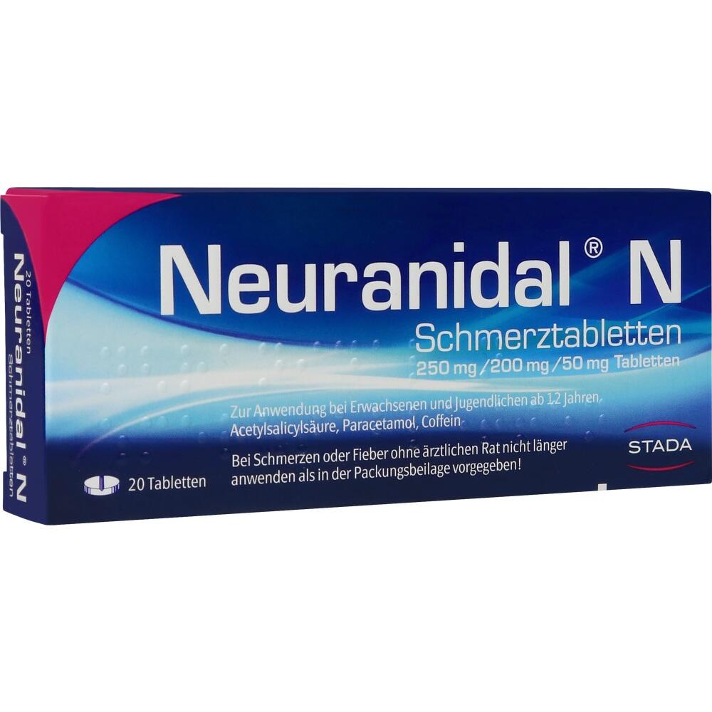 Blaue Packung mit Schmerztabletten namens "Neuranidal N" von Stada.