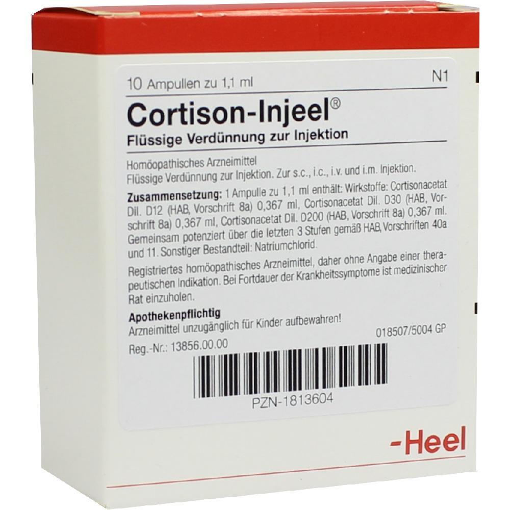 Verpackung einer hom&ouml;opathischen Injektionsl&ouml;sung namens Cortison-Injeel von Heel.