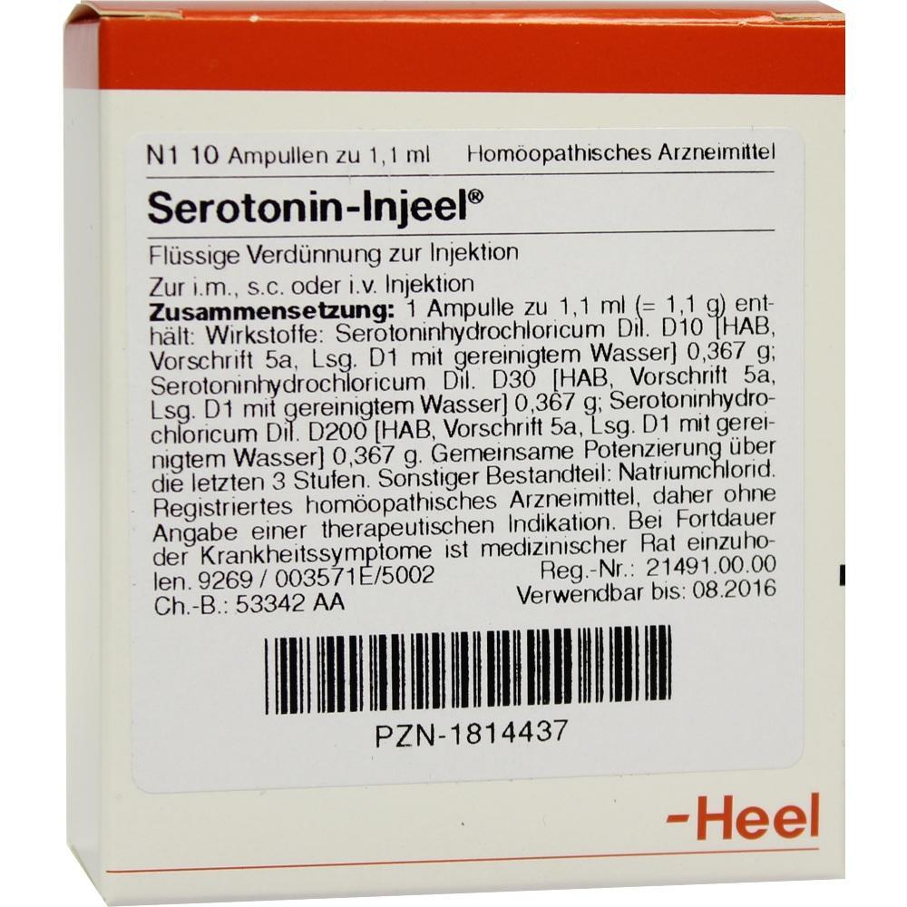 Packung einer hom&ouml;opathischen Arznei namens Serotonin-Injeel in Ampullenform.