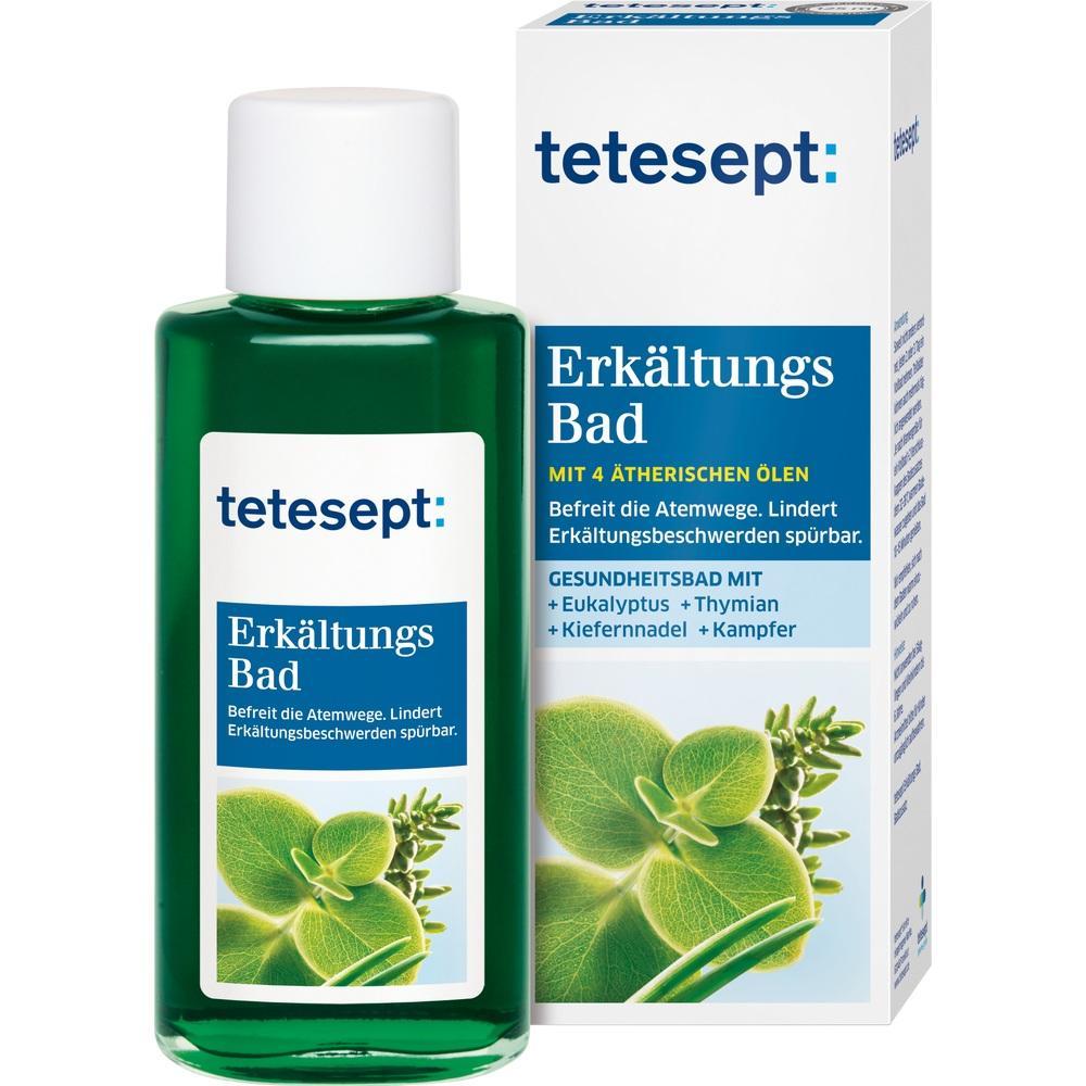 Gr&uuml;ne Flasche und Verpackung von Tetesept Erk&auml;ltungsbad mit &auml;therischen &Ouml;len.