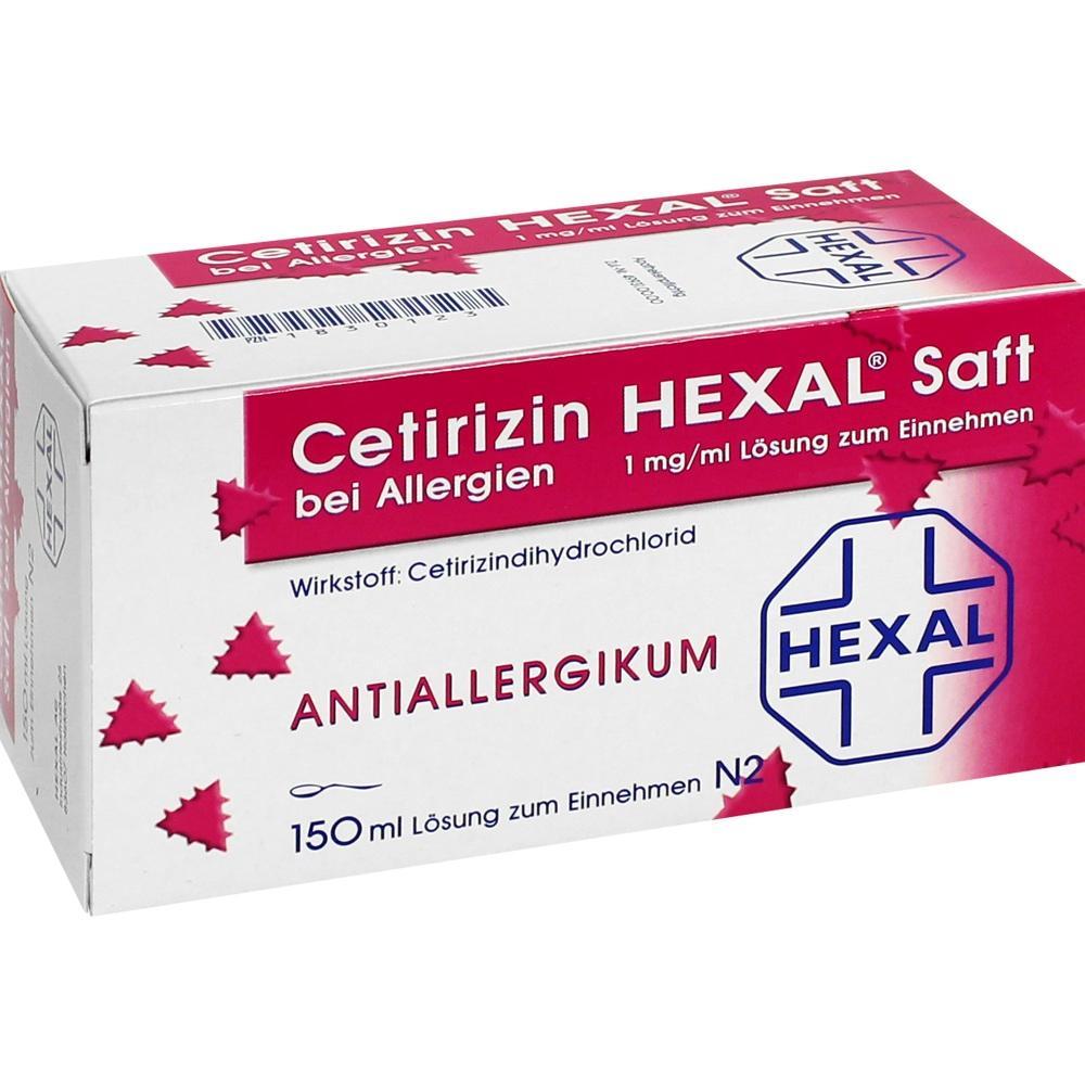 Wei&szlig;e Packung von Cetirizin HEXAL Saft gegen Allergien.
