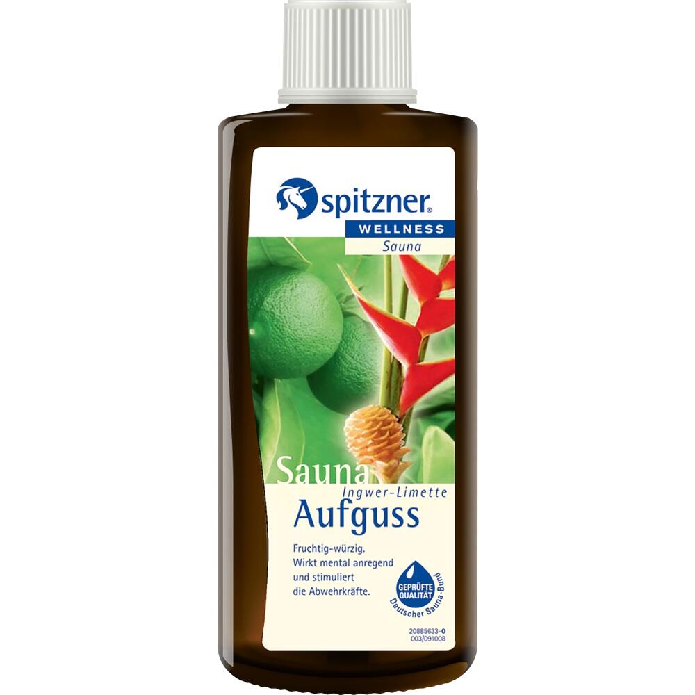 Braune Flasche mit Sauna-Aufguss "Ingwer-Limette" von Spitzner.