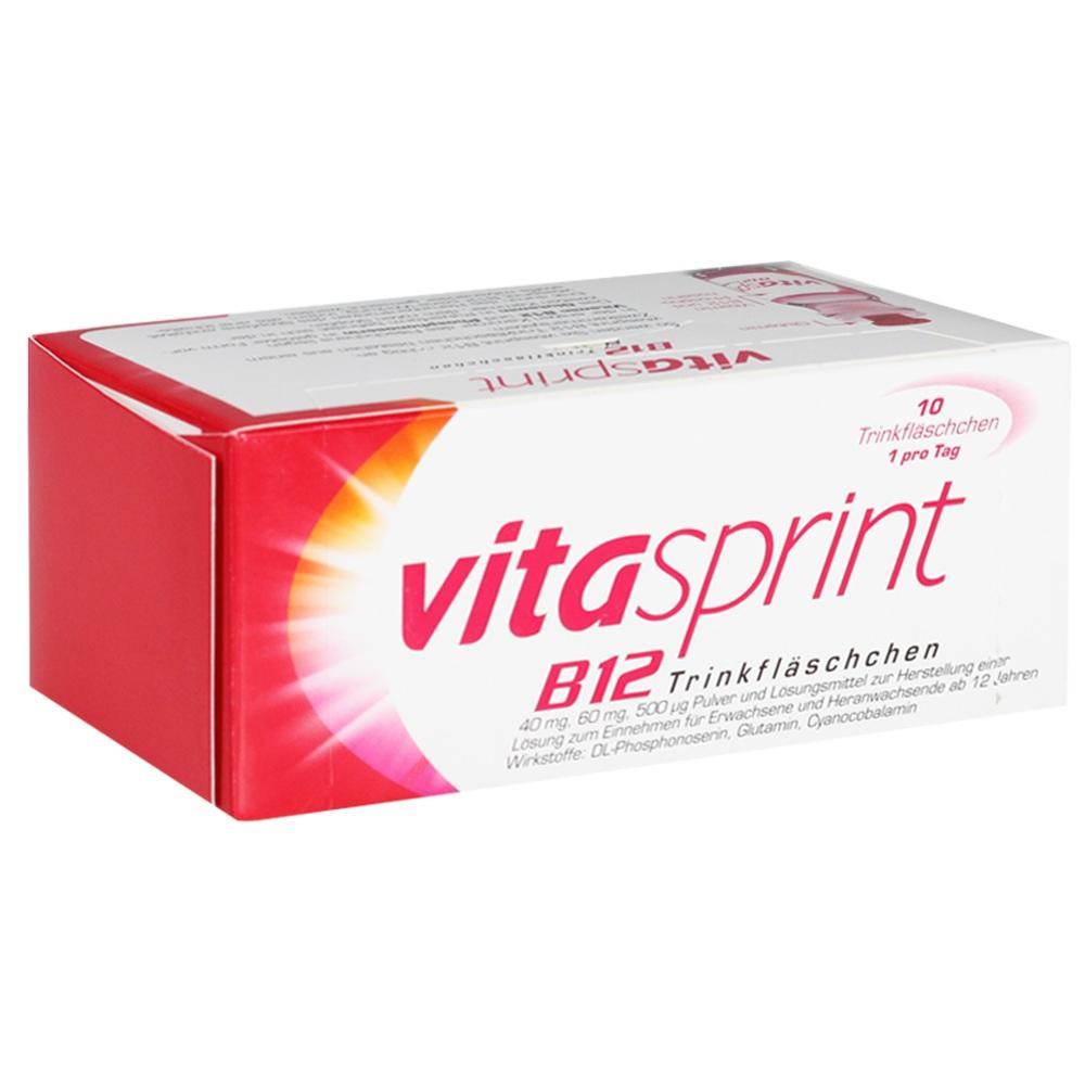 Eine rote Packung mit Vitamindrinkfl&auml;schchen namens Vitasprint B12.