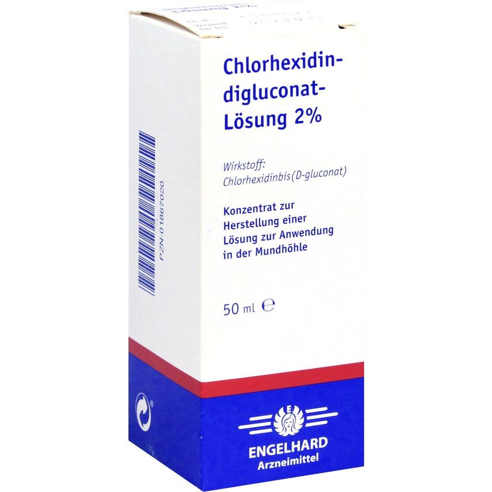Auf der Schachtel steht "Chlorhexidin-Digluconat-L&ouml;sung 2%," ein Mundpflegeprodukt.