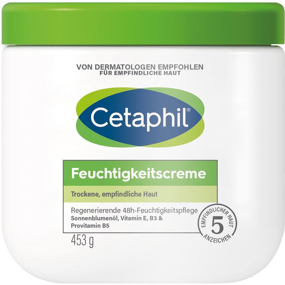 Große weiße Dose mit grünem Deckel und der Aufschrift "Cetaphil Feuchtigkeitscreme".