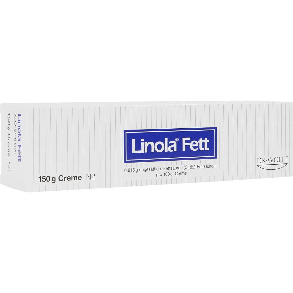 Wei&szlig;e Box mit blauer Aufschrift "Linola Fett" und Text "150 g Creme".