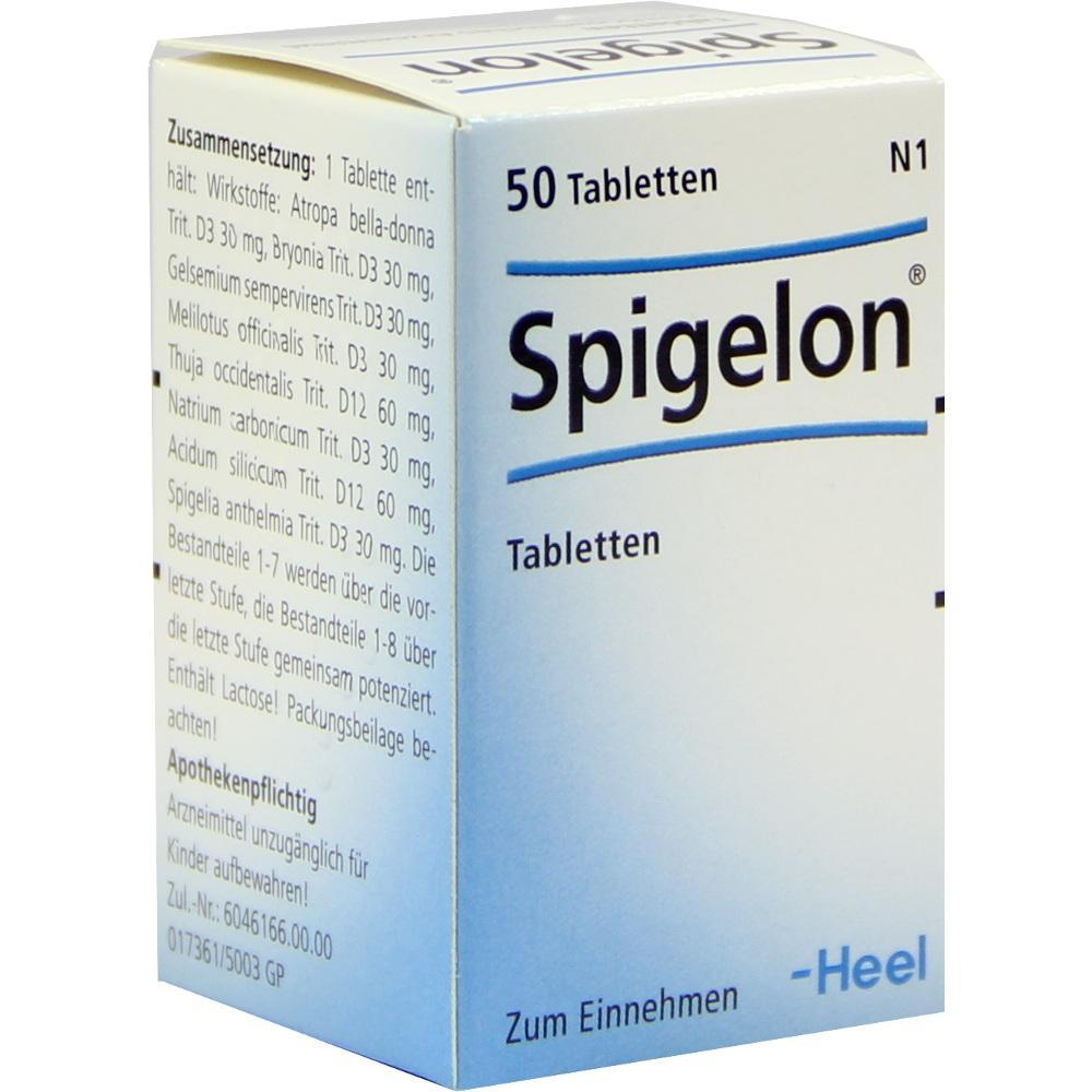 Eine wei&szlig;e Medikamentenschachtel mit der Aufschrift "Spigelon Tabletten".