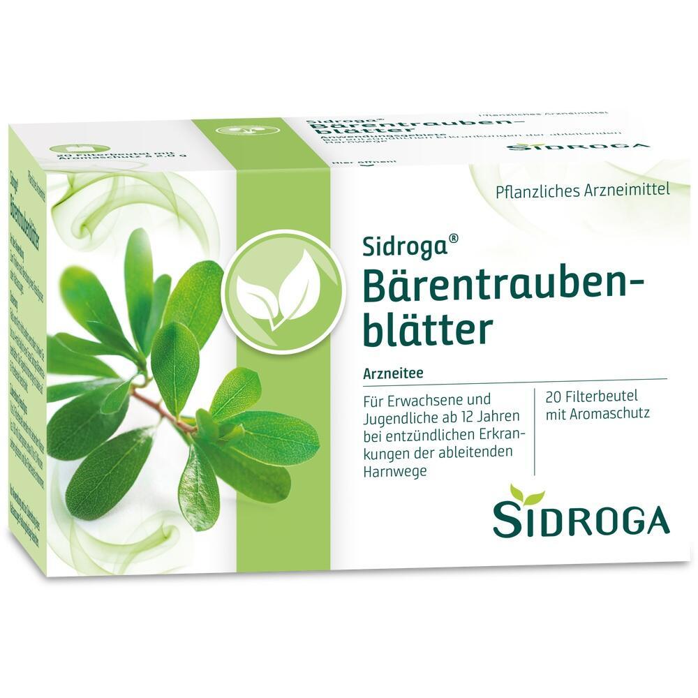 Packung von Sidroga B&auml;rentraubenbl&auml;tter-Arzneitee gegen Entz&uuml;ndungen der Harnwege.