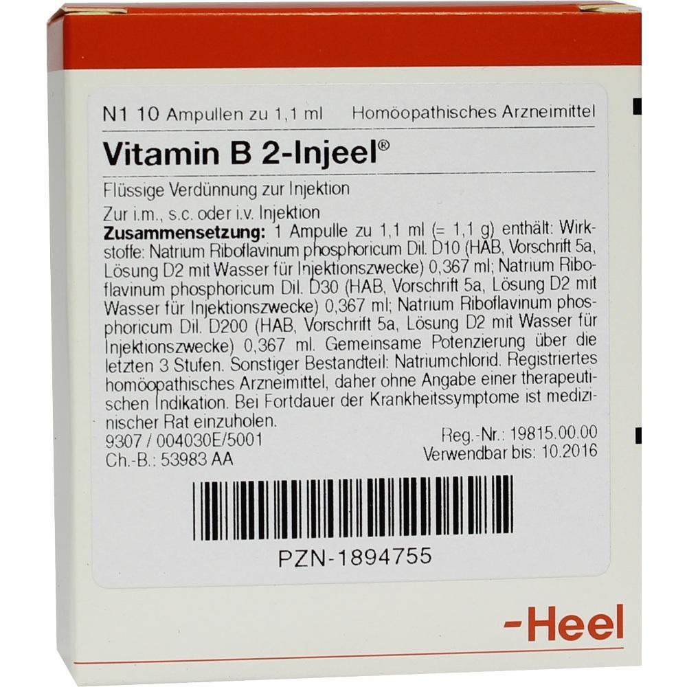 Verpackung einer hom&ouml;opathischen Vitamin-B2-Injektion mit Inhaltsangaben.