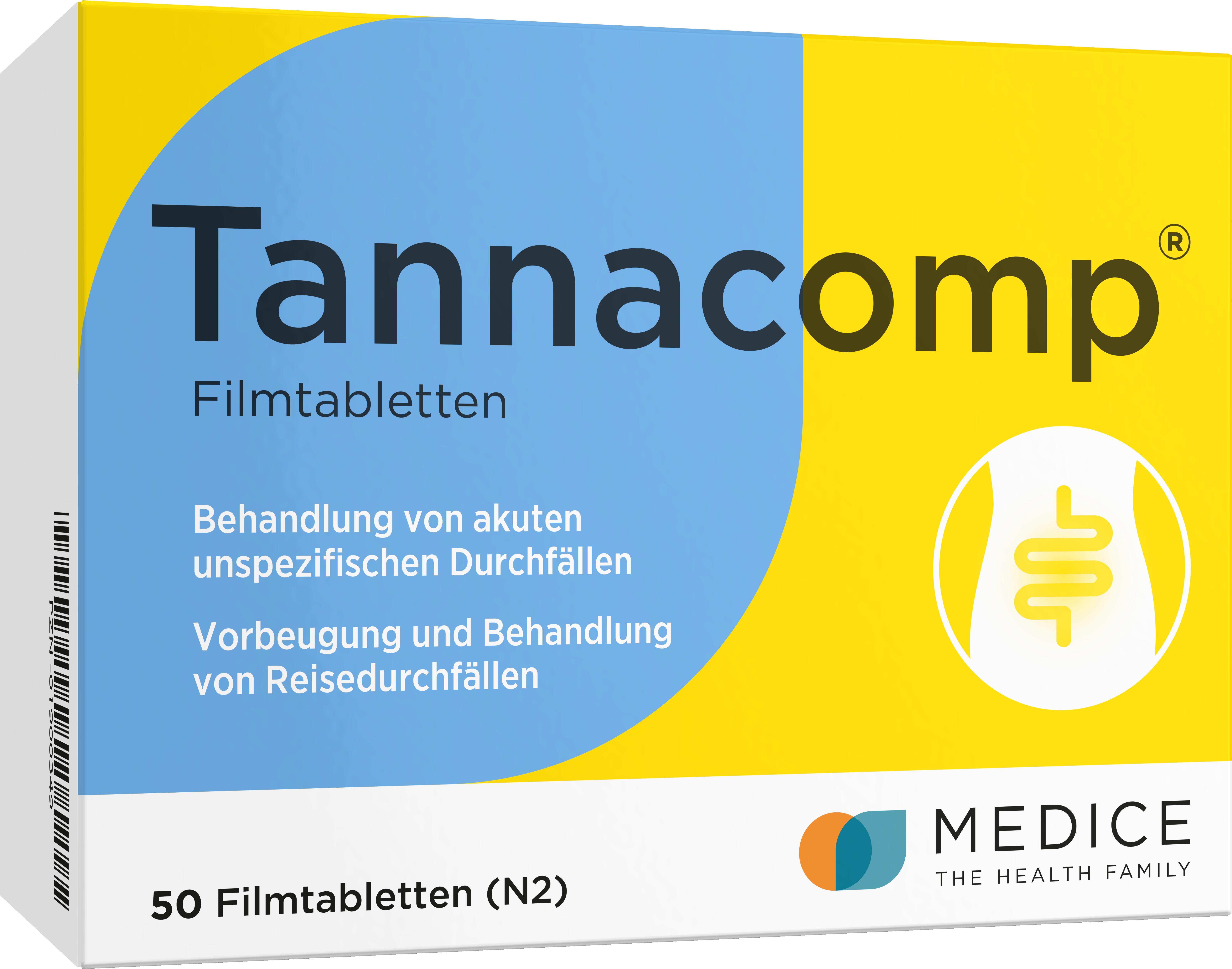 Gr&uuml;ne Verpackung von Tannacomp-Tabletten zur Behandlung und Vorbeugung von Durchfall.
