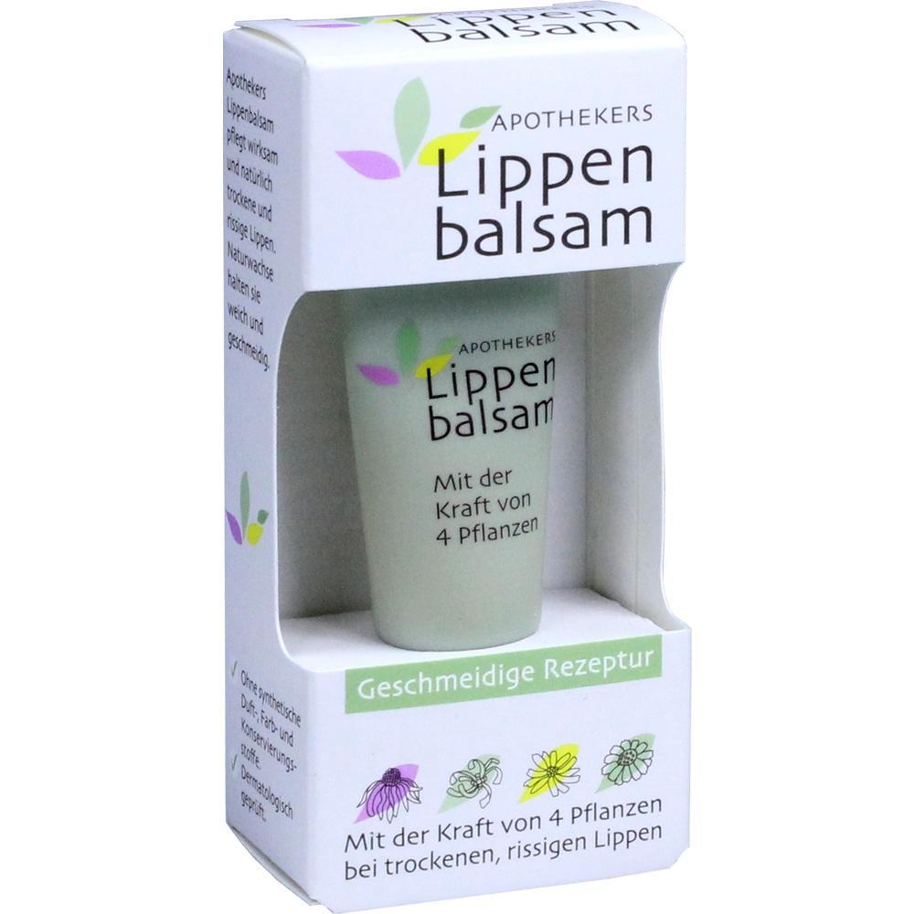 Es ist ein Lippenbalsam in einer weißen Verpackung mit Pflanzensymbolen.