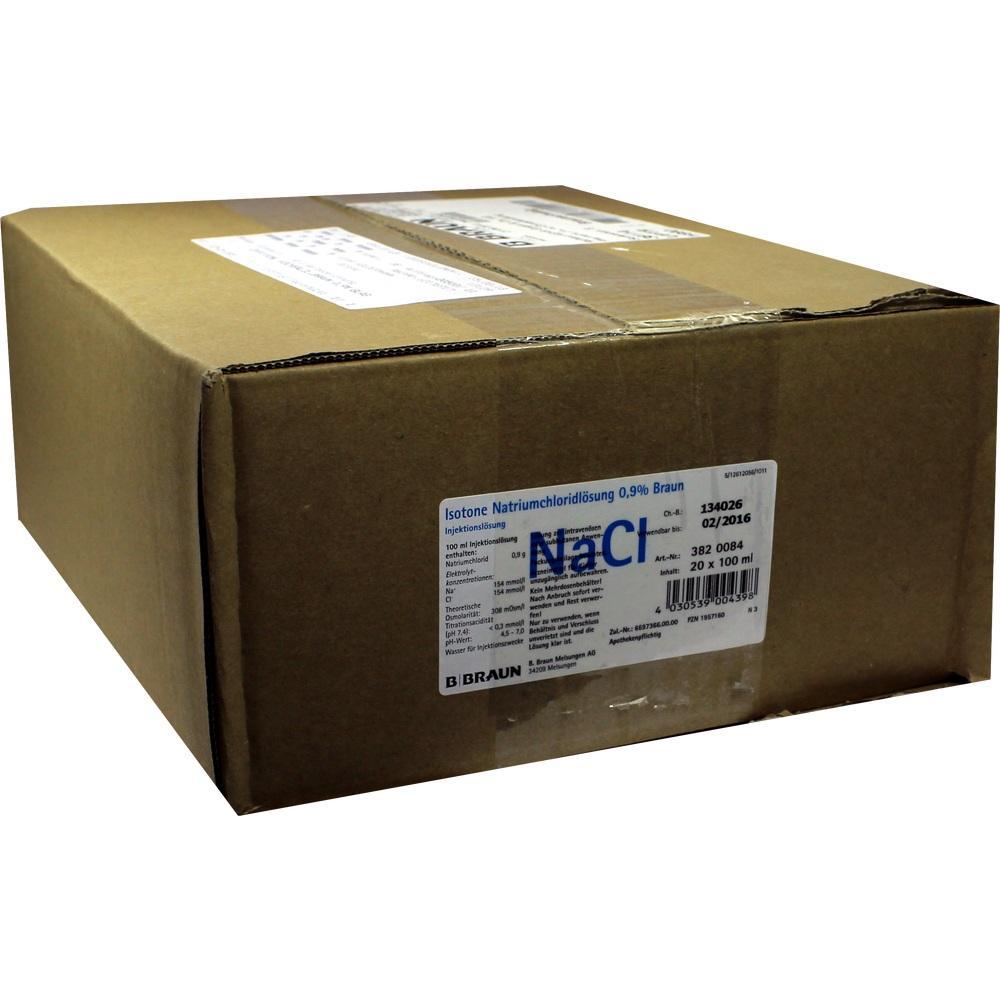 Ein brauner Karton mit einem Etikett für Natriumchloridlösung.