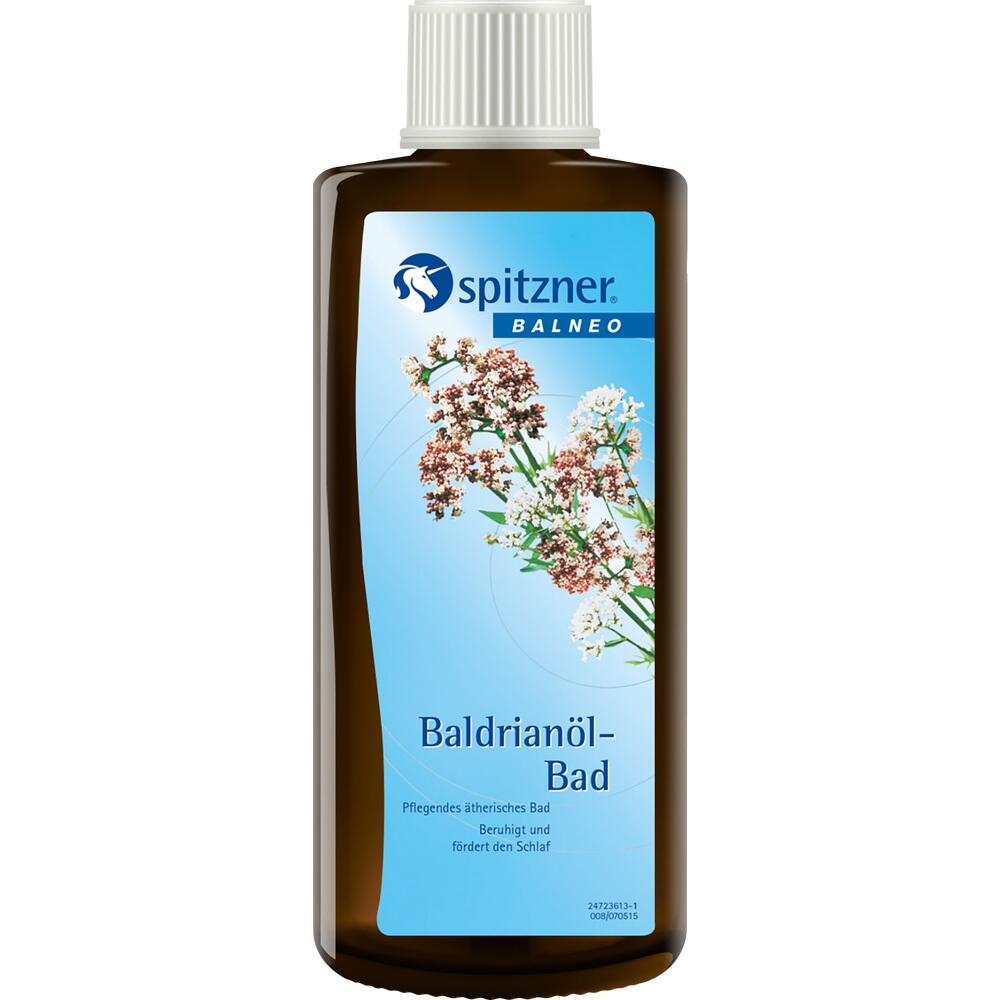 Braune Flasche mit einem Etikett f&uuml;r Baldrian&ouml;l-Bad zur Entspannung und Schlafhilfe.