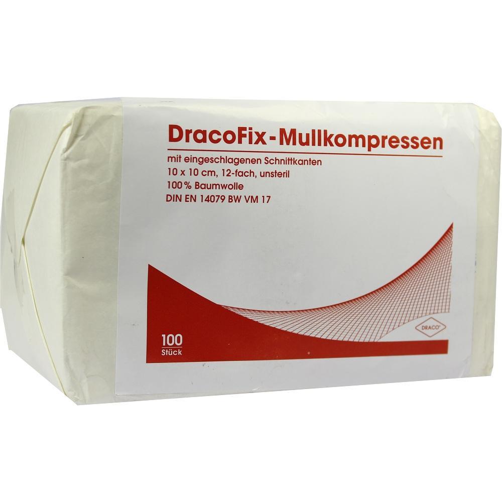 Eine Packung mit DracoFix-Mullkompressen aus Baumwolle, Ma&szlig;e 10 x 10 cm, 100 St&uuml;ck.