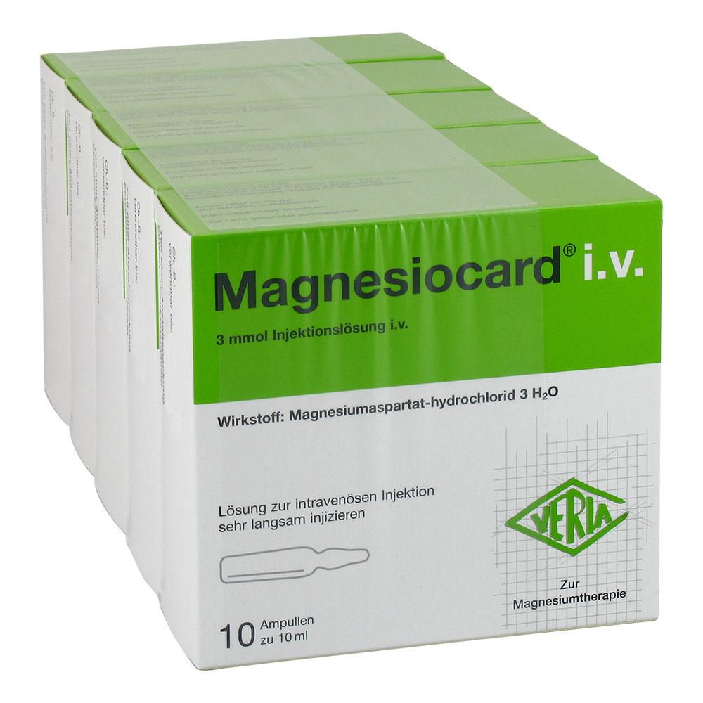 Eine Packung Magnesiocard Ampullen f&uuml;r intraven&ouml;se Injektionen.