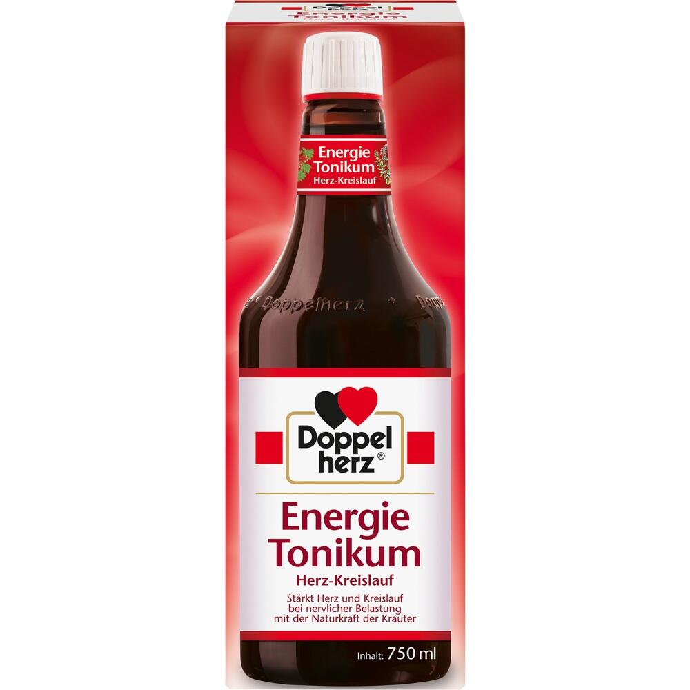 Eine Flasche Doppelherz Energie Tonikum f&uuml;r Herz und Kreislauf steht vor rotem Hintergrund.