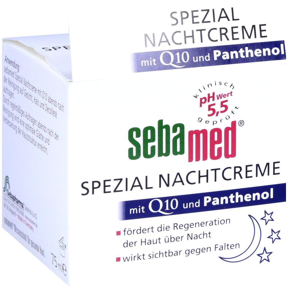 Wei&szlig;e Verpackung einer Nachtcreme von sebamed mit Q10 und Panthenol.