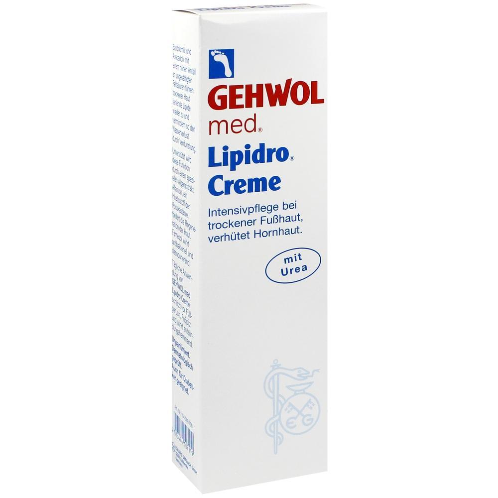 Eine wei&szlig;e Verpackung von GEHWOL med Lipidro Creme f&uuml;r trockene F&uuml;&szlig;e.