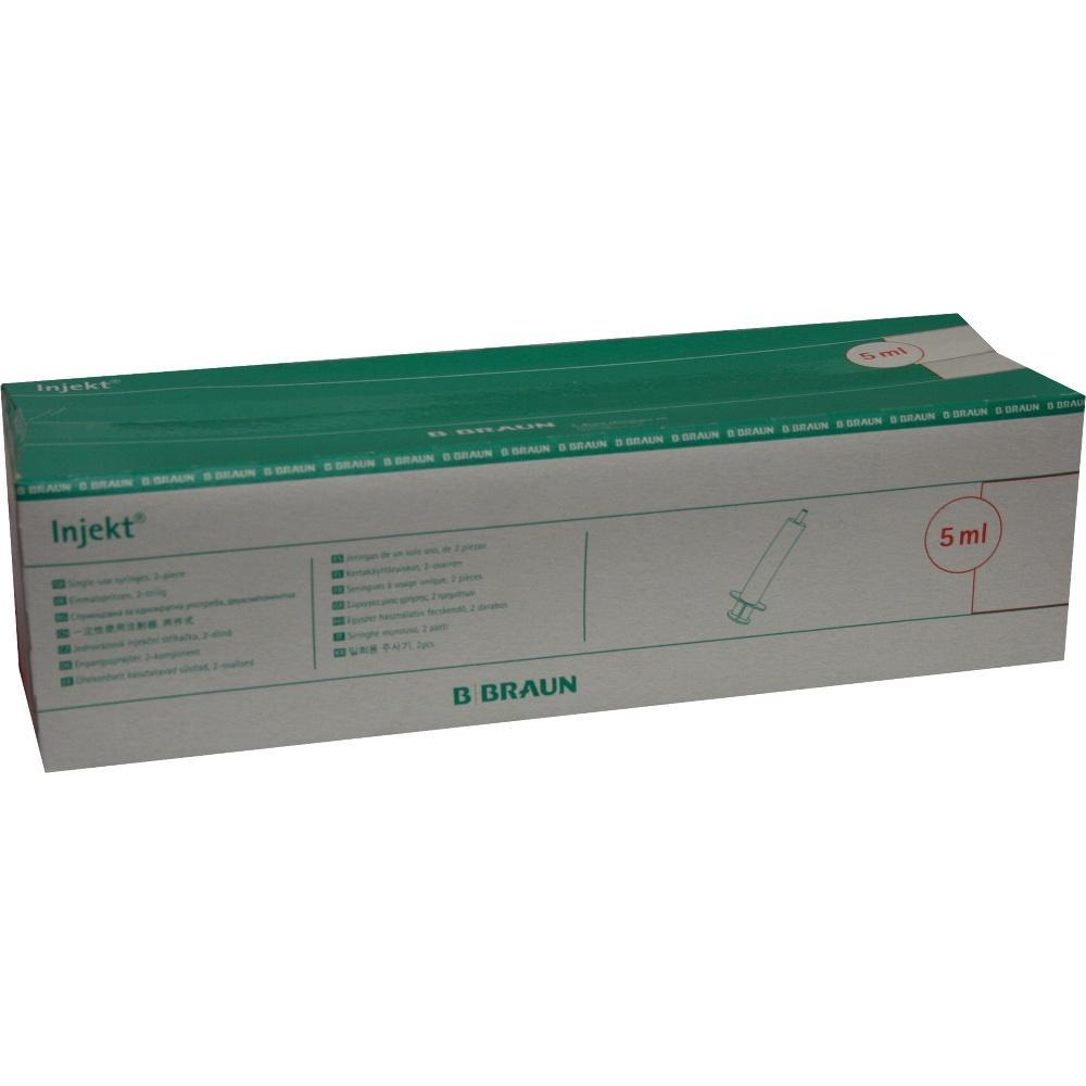 Eine grüne und graue Schachtel einer 5 ml Einmalspritze der Marke B Braun.