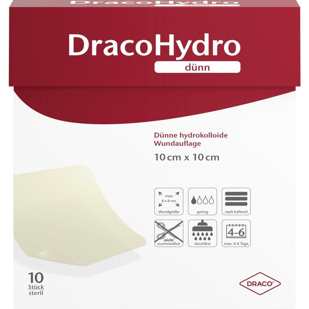 Verpackung einer d&uuml;nnen, 10x10 cm gro&szlig;en, hydrokolloiden Wundauflage von DracoHydro.