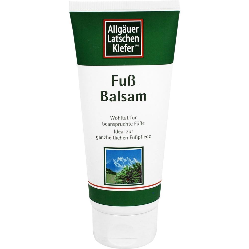 Eine wei&szlig;e Tube mit gr&uuml;nem Etikett von Allg&auml;uer Latschenkiefer, Fu&szlig;balsam.