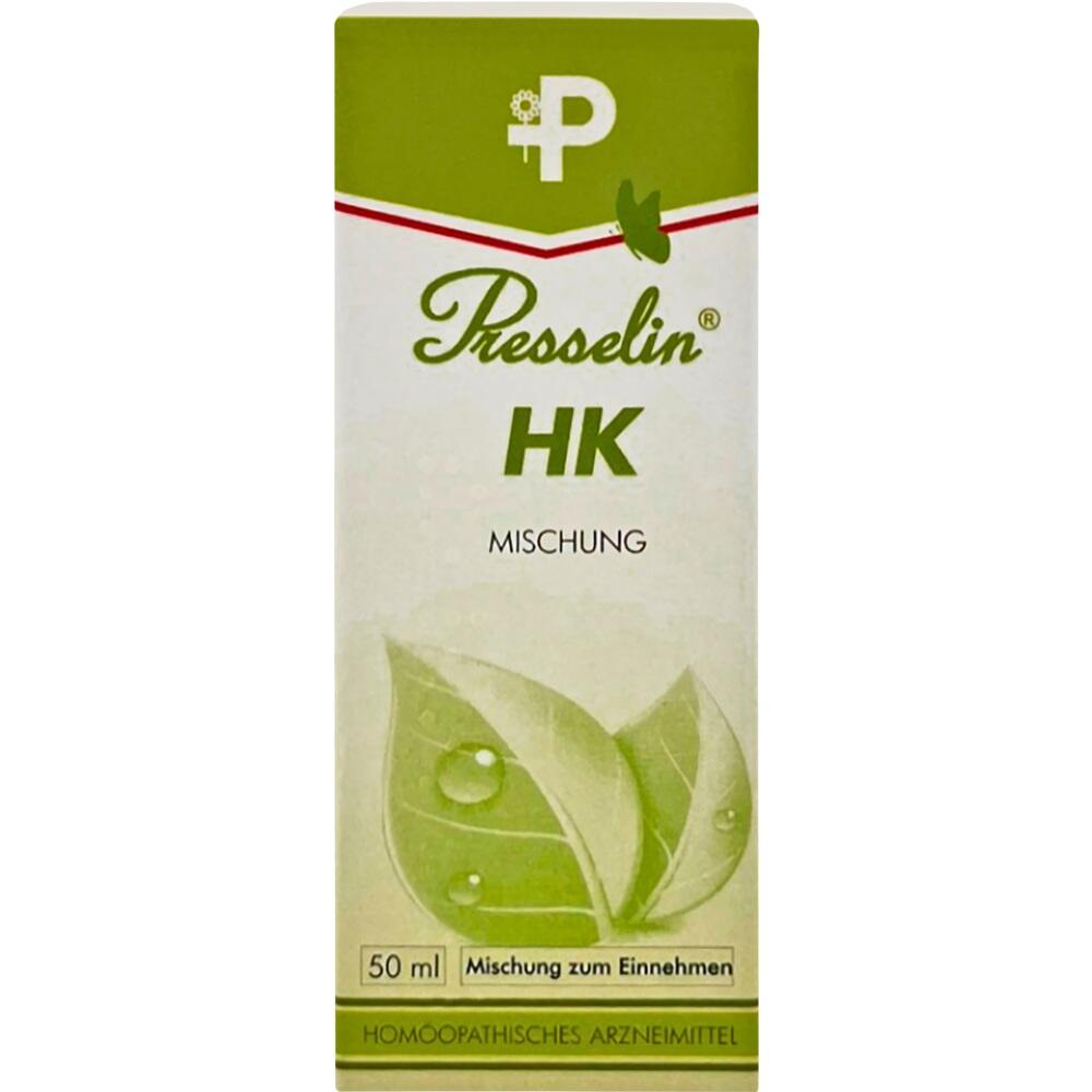 Gr&uuml;ne Schachtel mit der Aufschrift "Presselin HK Mischung", hom&ouml;opathisches Arzneimittel.