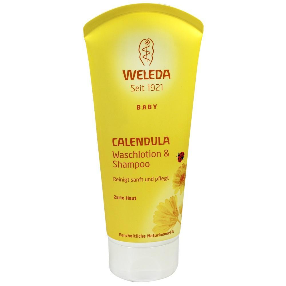 Gelbe Flasche mit Baby-Waschlotion und Shampoo von Weleda.