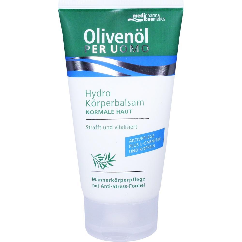 Tube mit Hydro Körperbalsam für Männer, enthält Olivenöl und Anti-Stress-Formel.