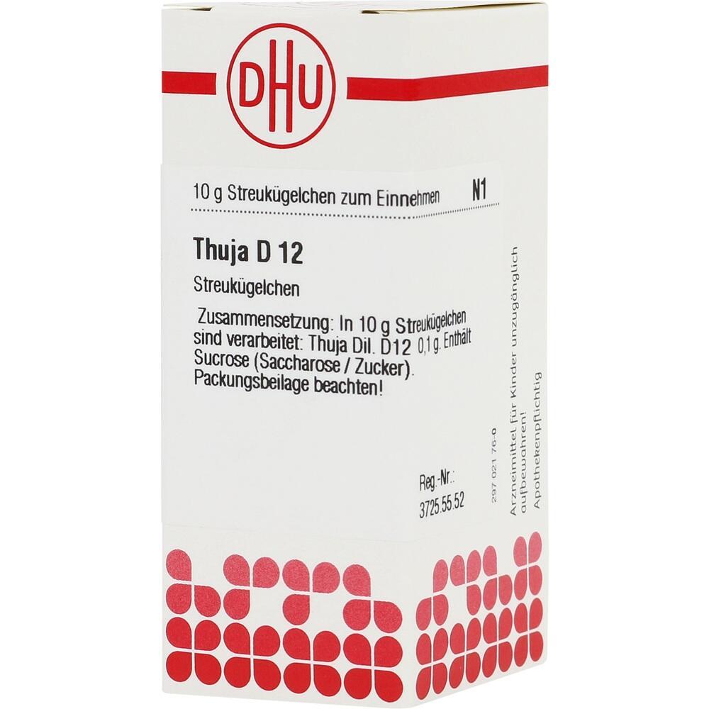 Wei&szlig;e Medikamentenverpackung von Thuja D12 mit rotem Logo.