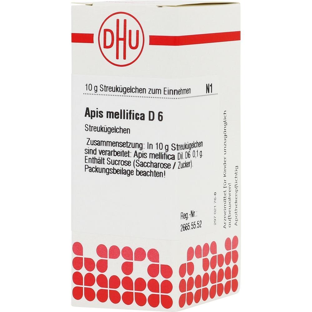 Eine Packung hom&ouml;opathischer Streuk&uuml;gelchen mit dem Aufdruck "Apis mellifica D6".
