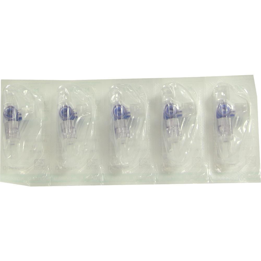 Fünf medizinische Ventile sind einzeln in Plastik eingeschweißt.