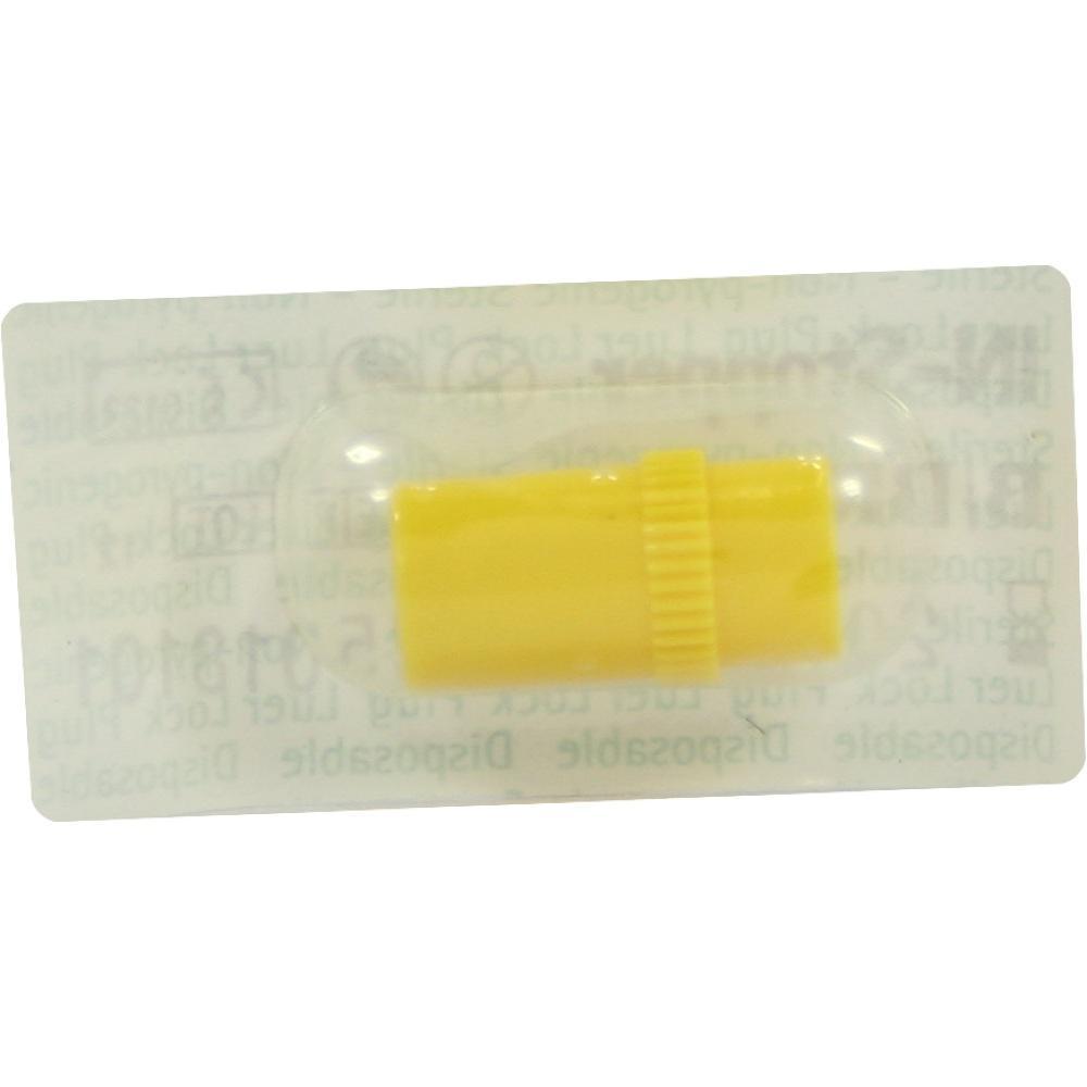 Gelbes Kunststoffteil in durchsichtiger Verpackung auf einem rechteckigen Zettel.