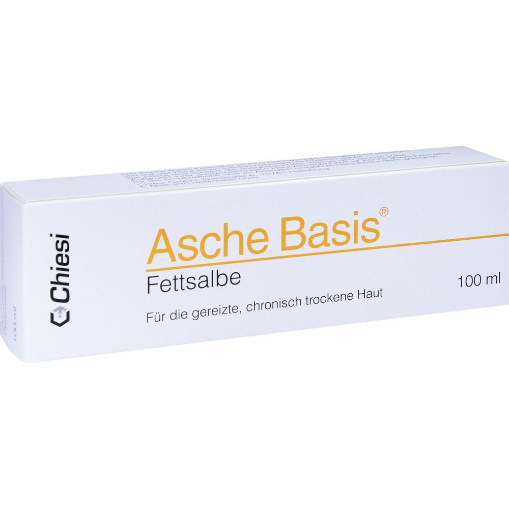 Weiße Verpackung einer Fettsalbe für trockene Haut, mit Aufschrift "Asche Basis".