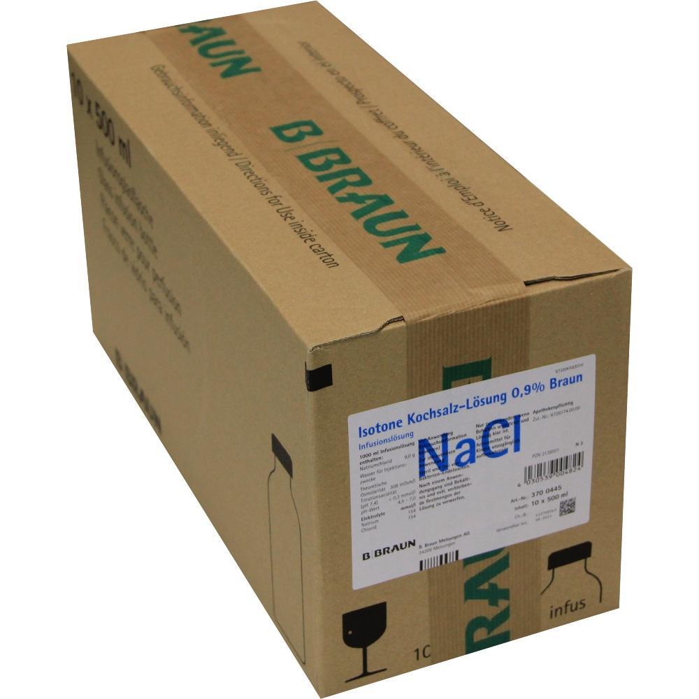 Brauner Karton mit Aufschrift "B. Braun" und Etikett für isotone Kochsalzlösung.
