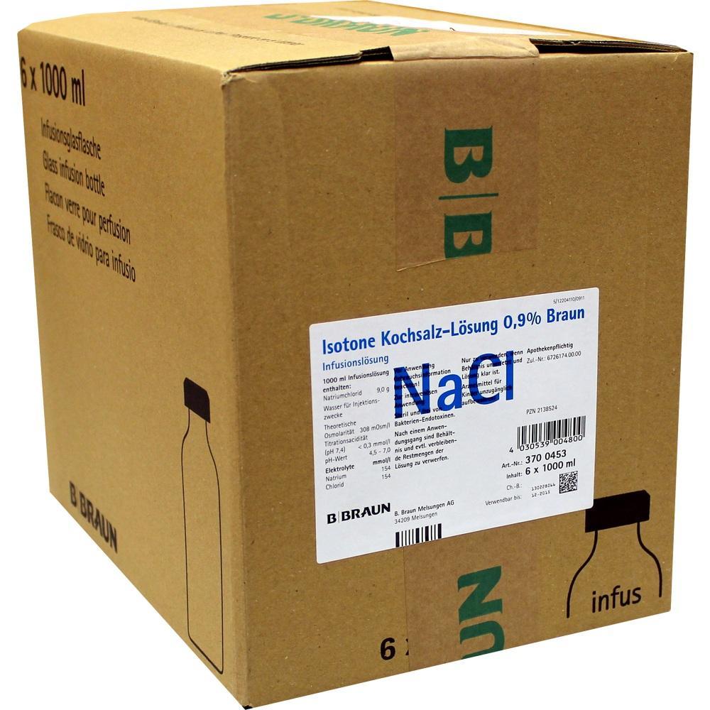 Ein brauner Karton mit Etikett für 0,9% Kochsalzlösung.