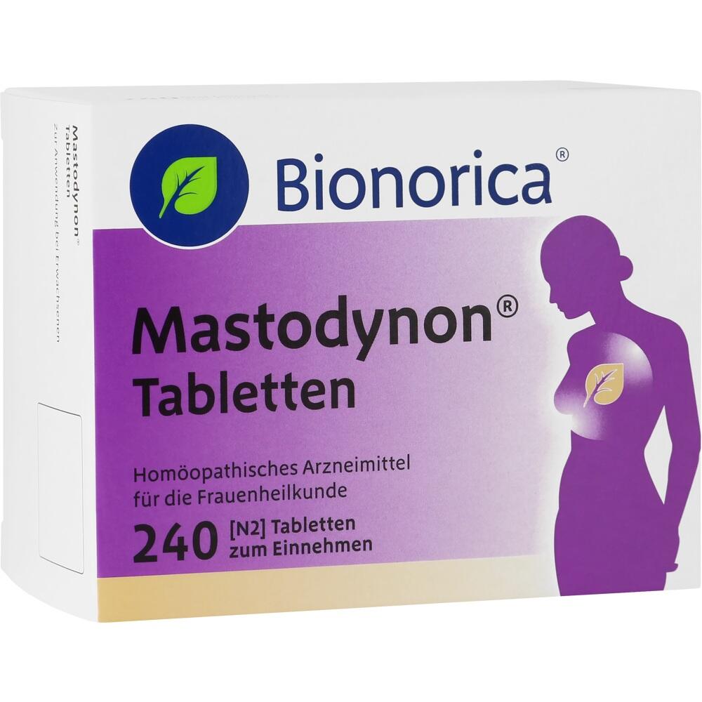 Wei&szlig;e Packung von Mastodynon Tabletten zur Frauenheilkunde mit lila Silhouette einer Frau.