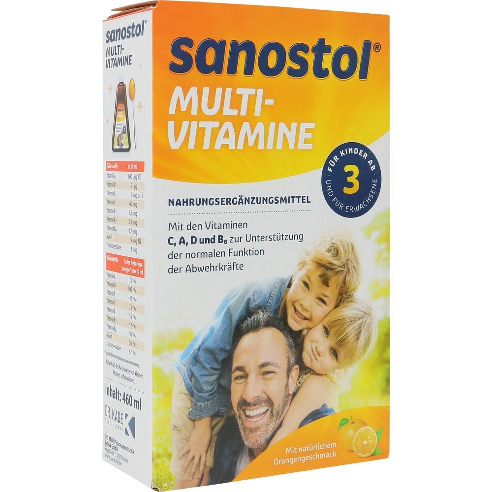 Eine Packung Multivitamine von Sanostol mit Bild von lachender Familie.