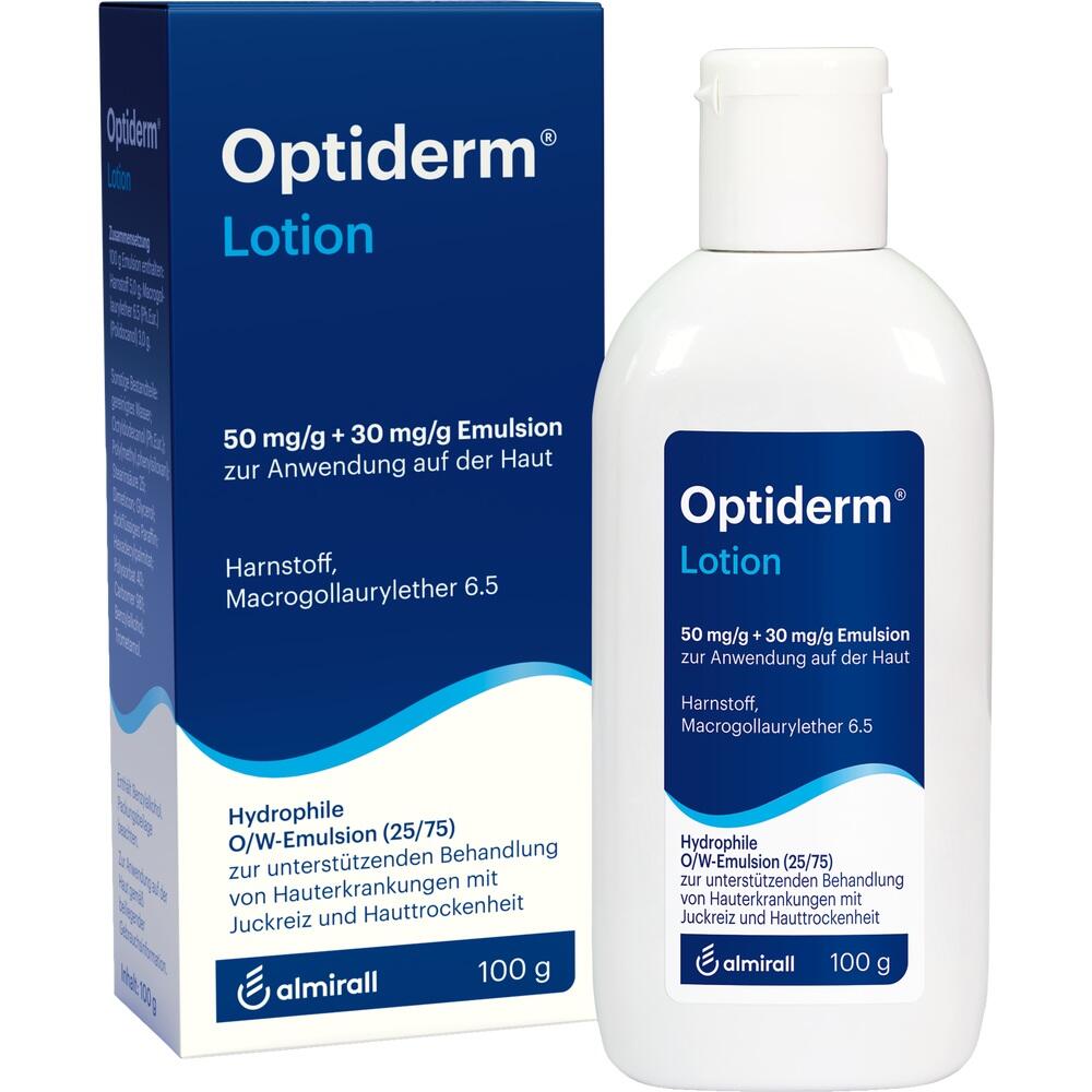 Eine Flasche Optiderm Lotion steht vor ihrer Verpackung.