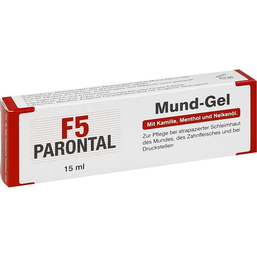 Eine rote und wei&szlig;e Verpackung f&uuml;r ein Mund-Gel mit Kamille, Menthol und Nelken&ouml;l.