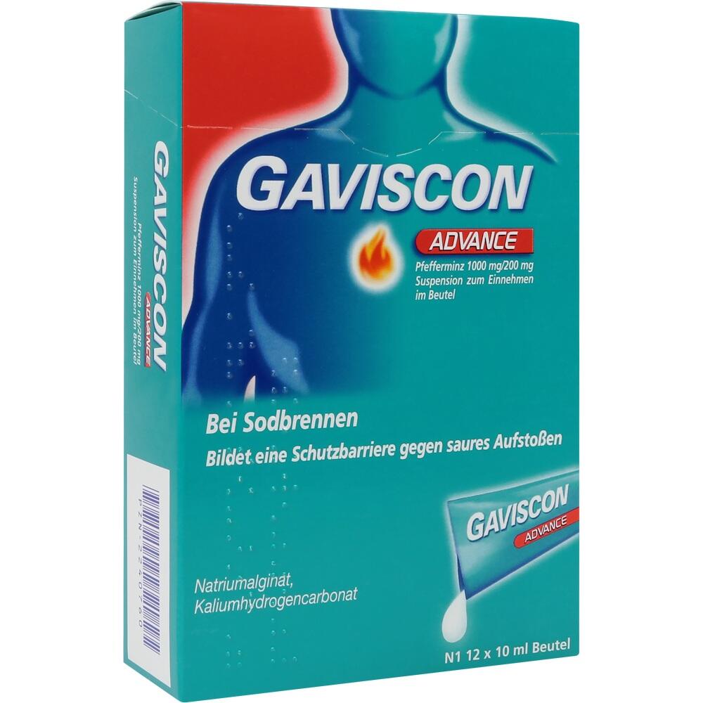 Eine Gaviscon-Packung gegen Sodbrennen mit einer blauen Menschengrafik.
