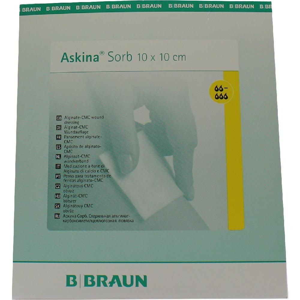 Verpackung eines Wundverbandes von B. Braun mit der Aufschrift "Askina Sorb 10 x 10 cm".