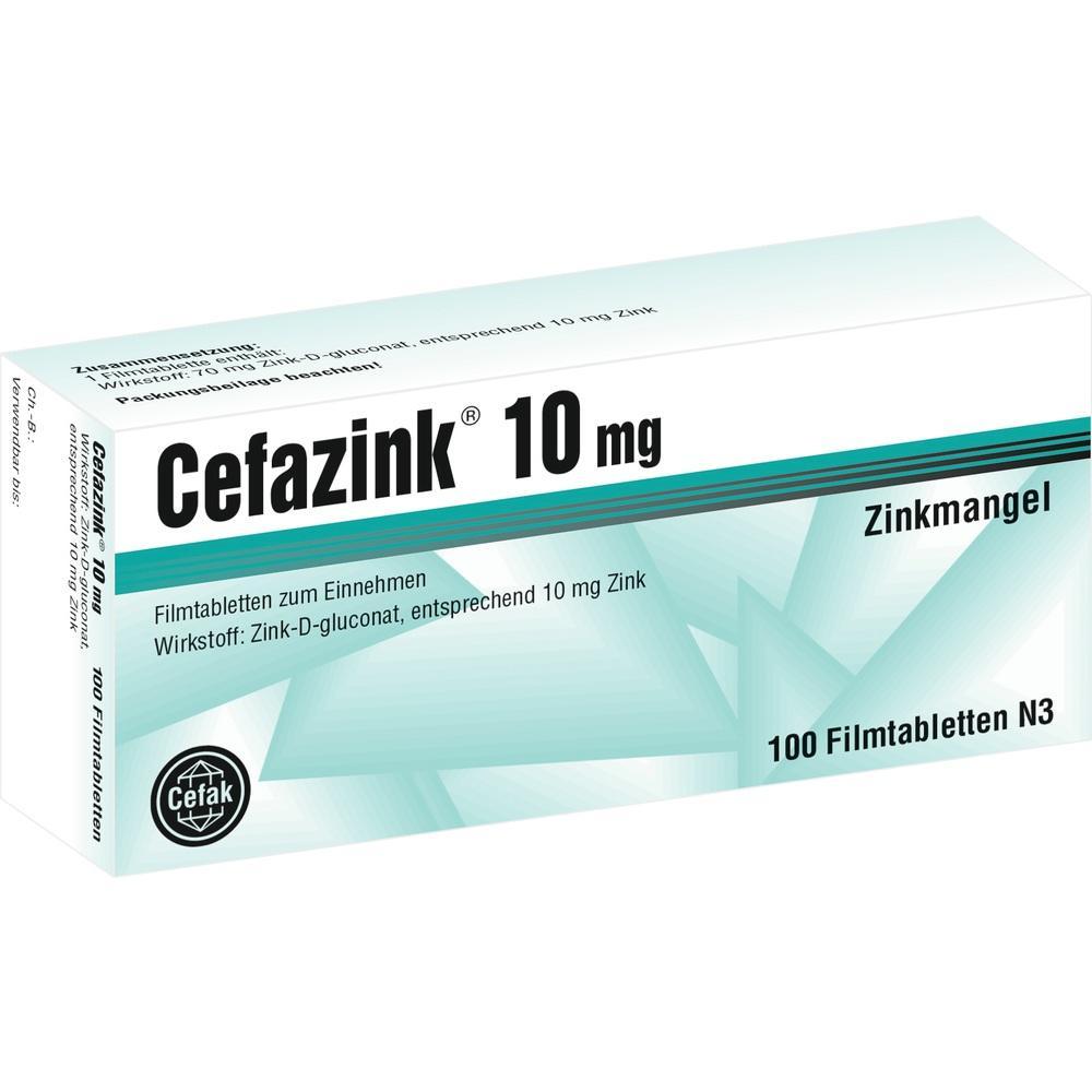 Schachtel mit Cefazink 10 mg Filmtabletten gegen Zinkmangel, 100 St&uuml;ck.
