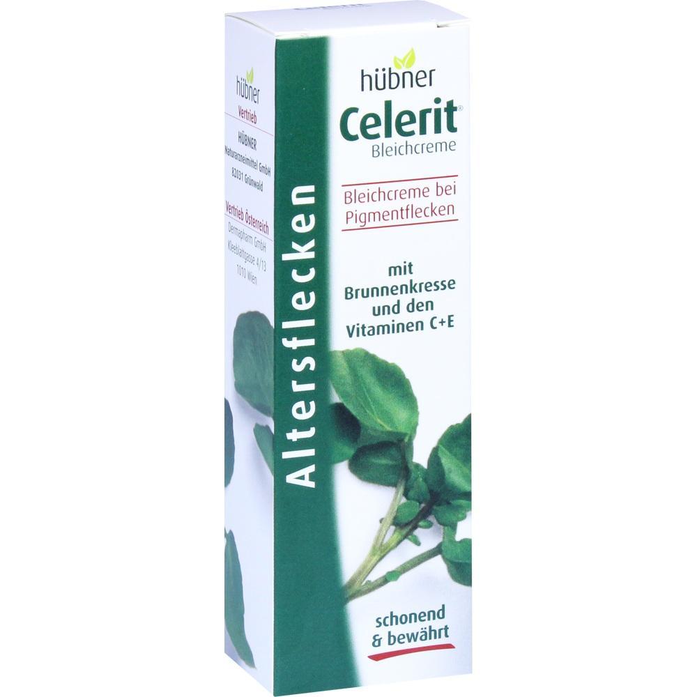 Wei&szlig;e Cremeverpackung mit gr&uuml;nen Bl&auml;ttern und der Aufschrift "Celerit Bleichcreme".
