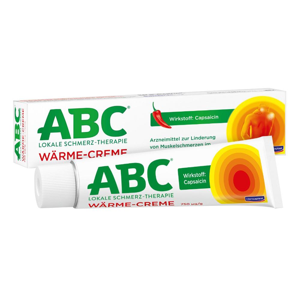 Wei&szlig;e Verpackung einer ABC W&auml;rme-Creme zur Linderung von Muskelschmerzen.