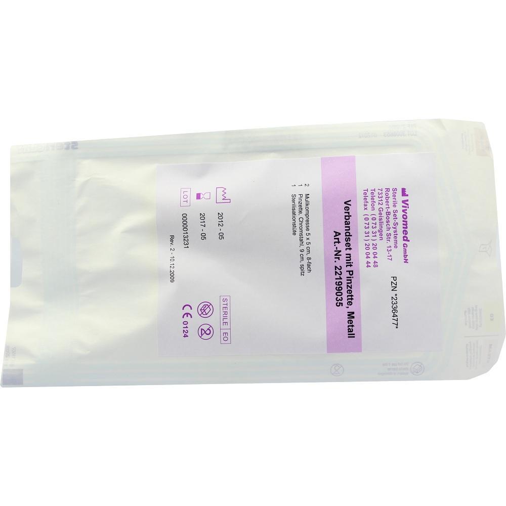 Eine Verpackung eines sterilen Verbandssets mit lila und schwarzem Text auf der Vorderseite.