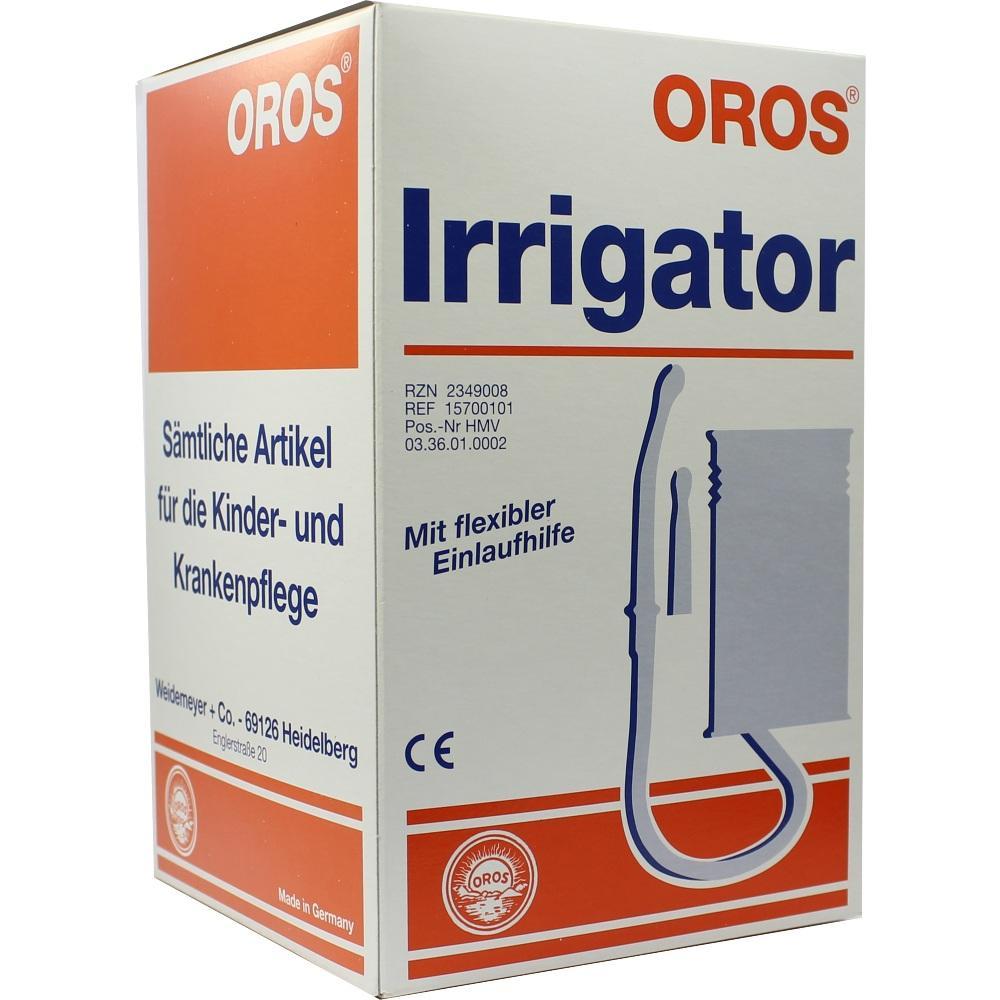 Eine weiße Verpackung mit der Aufschrift "Irrigator" und einem Schlauch-Abbild.