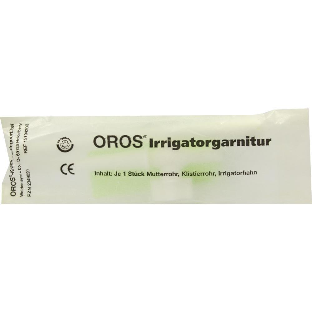 Verpackung einer OROS Irrigatorgarnitur mit Mutterrohr und Klisterrohr.