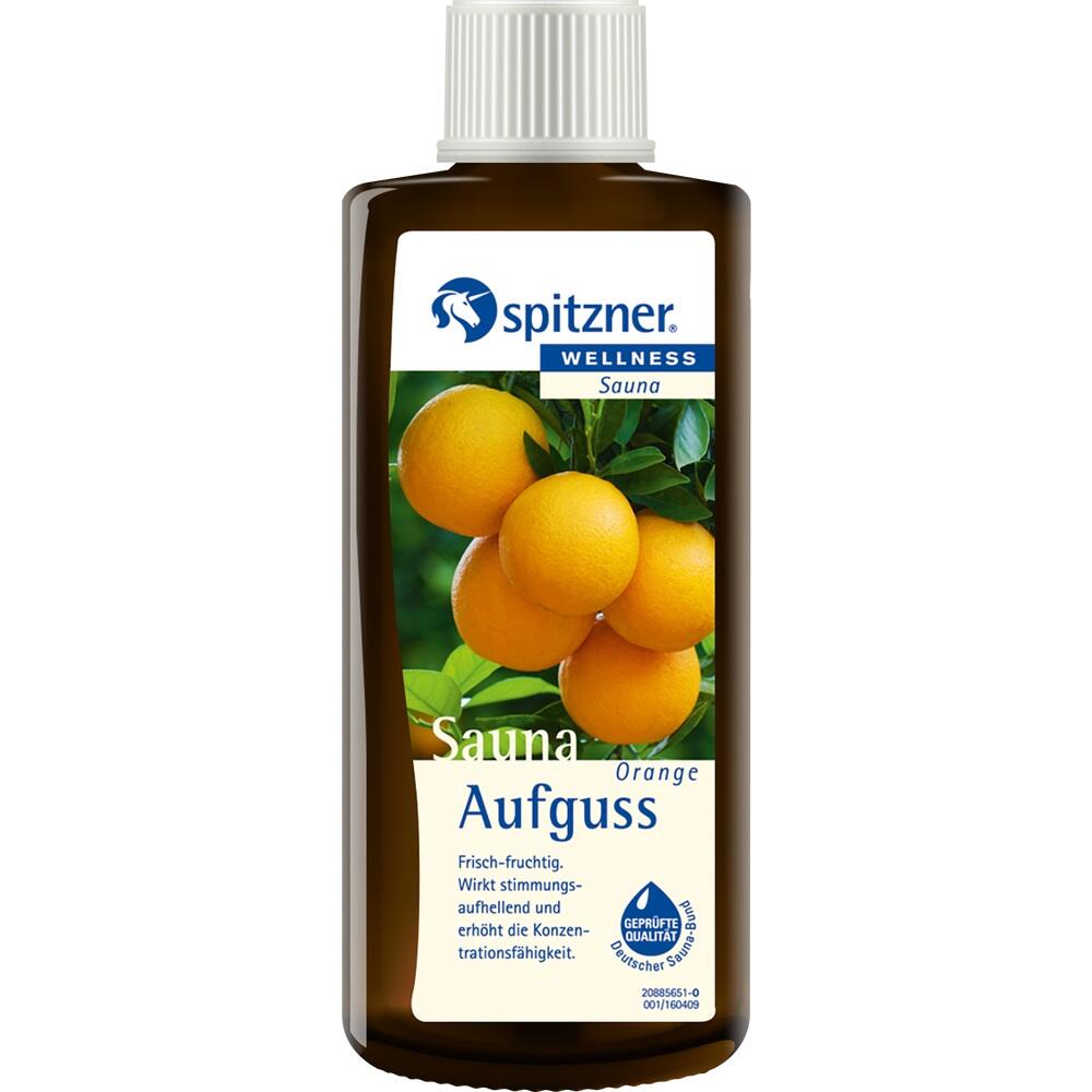 Braune Flasche mit Sauna-Aufguss, darauf abgebildet sind Orangen.